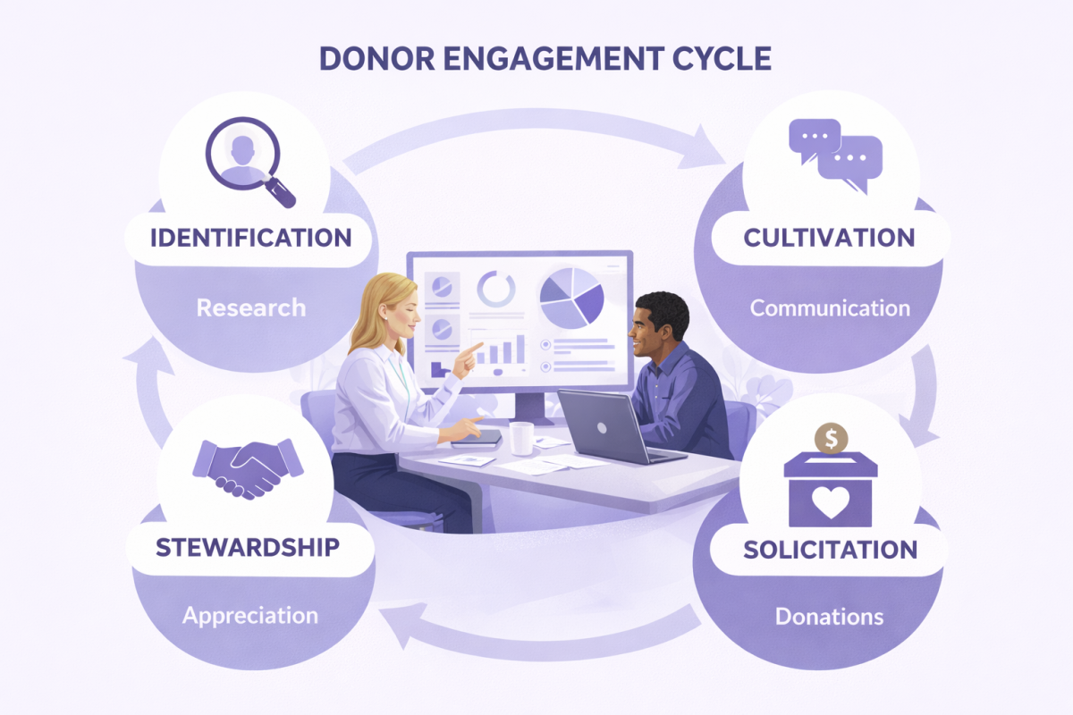 Donor management cycle showing identification, cultivation, and stewardship